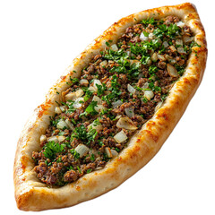 Freshly baked pide with minced meat filling topped with onions and parsley on a wooden surface, ideal for traditional cuisine photography