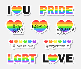 Colorful LGBTQ+ pride stickers with rainbow hearts, slogans and typography. Support and inclusivity 
