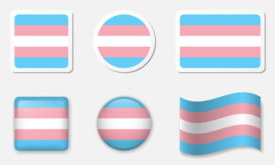 Transgender flag icons collection. Flat stickers and 3d glass vector elements on white background.