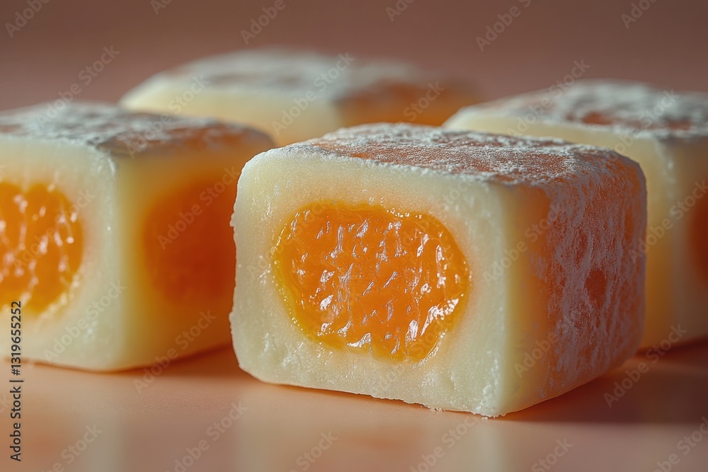 Poster cubic fruit candies feature a refreshing orange center and a dusting of powdered sugar creating a de