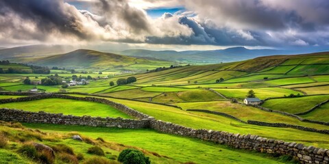 Rolling hills and emerald green grasses stretch as far as the eye can see amidst a backdrop of rugged stone walls and misty Irish skies , green fields, rural