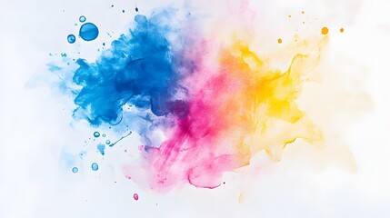 Abstract watercolor splash featuring vibrant blue, pink, and yellow blending on a white background.