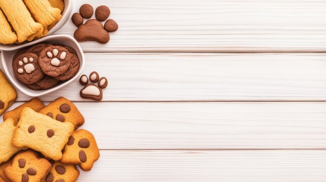 Assorted pet-themed cookies arranged on a wooden surface, showcasing playful designs and textures