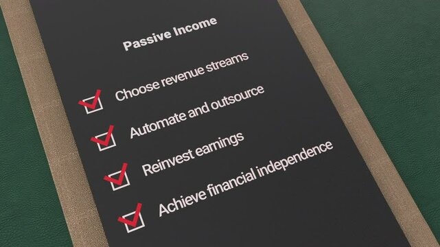 Passive Income Clipboard Checklist Choose revenue streams, Automate and outsource, Reinvest earnings, Achieve financial independence writing text. 3D animation