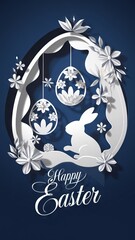 Elegant Easter Background with Hanging Paper Cut Bunny and Eggs. vertical stoy size