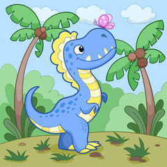 Funny blue dinosaur and pink butterfly on the landscape background. Flat design. For children's design of prints, posters, postcards, stickers, puzzles, etc. Vector illustration © Zerlina