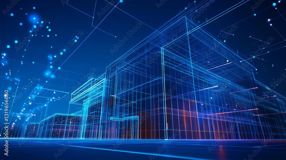 Poster perspective 3d wireframe representation of a building