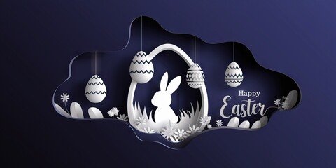 Elegant Easter Background with Hanging Paper Cut Bunny and Eggs web banner size