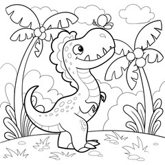 Funny dinosaur and butterfly on the landscape background. Black and white linear drawing. Isolated on white background. For children's design of coloring books, prints, posters, postcards, stickers et