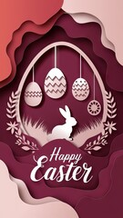 Elegant Easter Background with Hanging Paper Cut Bunny and Eggs. vertical stoy size
