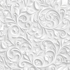 3D render of a seamless pattern with white plasticine, featuring floral leaves and swirls, vector illustration on a light grey background, seamless wallpaper design.