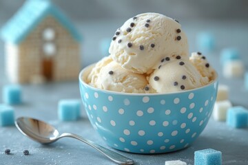 Scoops of vanilla ice cream with sprinkles in a polka dot bowl Sweet treat with sugar cubes and a decorative house