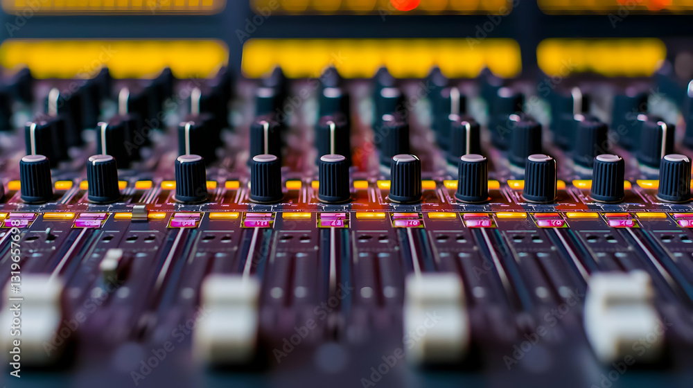 Poster close up of black audio mixer with illuminated purple and orange lights and multiple knobs and fader