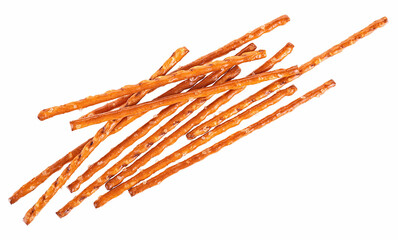 Breadsticks straws with salt isolated on a white background, top view. Bread sticks made of wheat flour. Salty snacks.