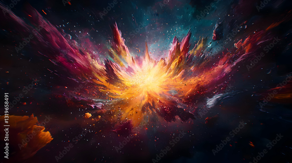 Aufkleber vivid colors exploding in a pixelated cosmic scene with bright center and dark background digital ar