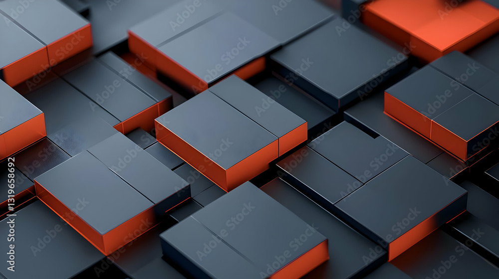 Poster abstract 3d render of dark gray and orange glowing cubes with lines in a modern minimalist design