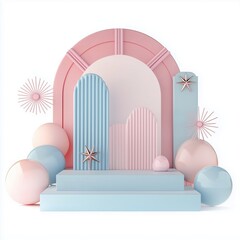 Fototapeta premium Pastel colored geometric podium with decorative elements for creative displays