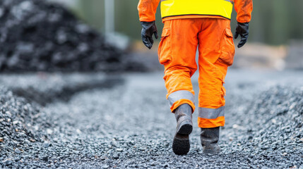 Worker in safety gear walks along gravel path in industrial