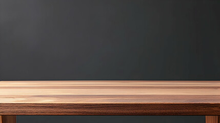 Empty Rustic Brown Wooden Table Top Against A Dark Gray Wall Background With Soft Lighting