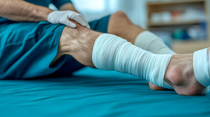 Bandaged Leg Resting on Teal Surface, Medical Treatment Shows Recovery Progress After Injury, Patient Care