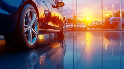 Sleek car showcased in a modern showroom at sunset, reflecting vibrant color on the floor