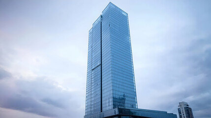 Obraz premium Modern Glass And Steel Skyscraper Against A Cloudy Dusk Sky With Geometric Facade