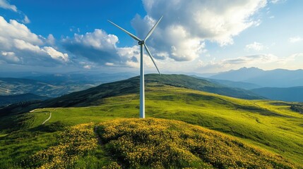 Wind Turbine on a Mountaintop Meadow, Clean Energy and Natural Beauty