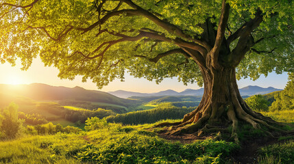Fototapeta premium old tree in the forest serene natural landscape, centered around a massive, ancient tree that overlooks a lush, green valley. 