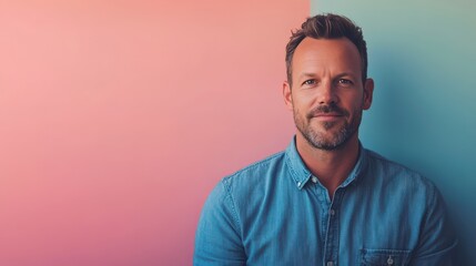 Obraz premium Confident Man in Casual Denim Shirt Against a Colorful Background