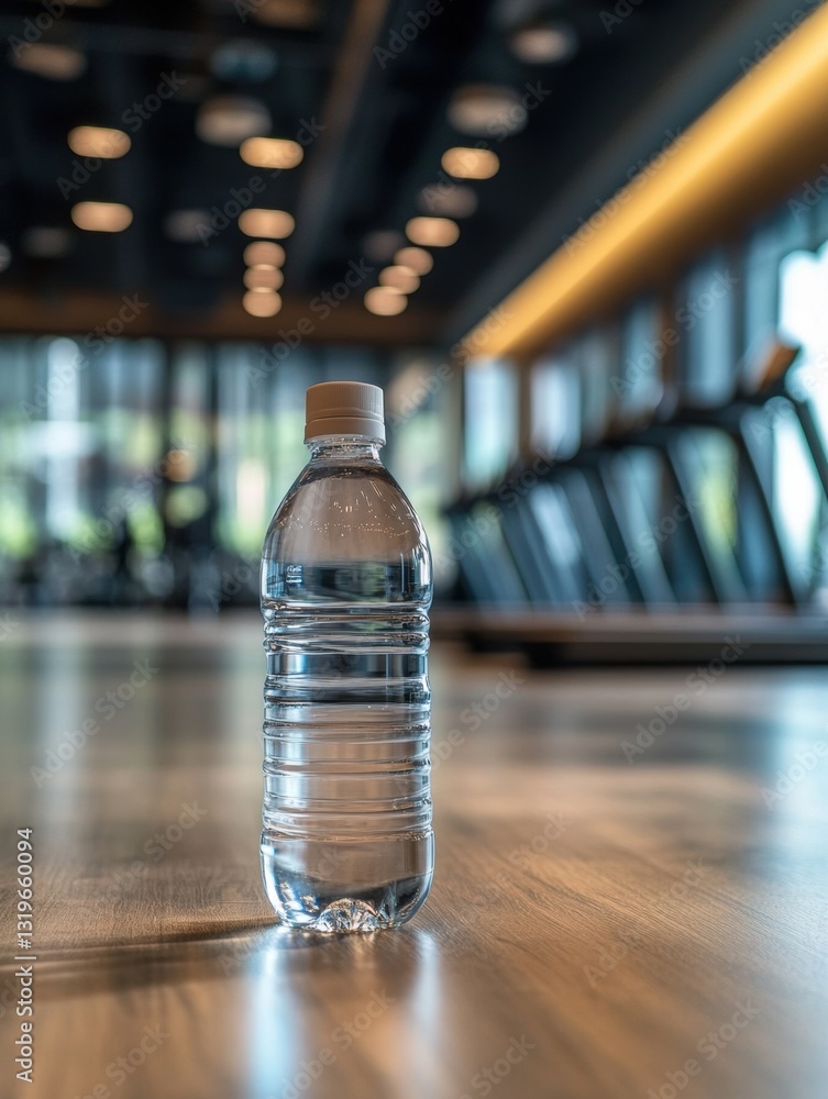 Poster Minimalist transparent water bottle stands out in a gym setting with a clean and spacious background, ideal for fitness inspiration and hydration reminders