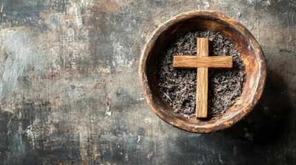 Wooden cross in a bowl, religious symbol on rustic background