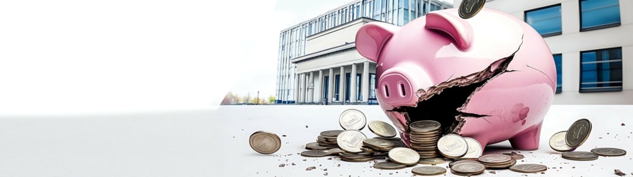 A broken piggy bank surrounded by scattered coins symbolizes financial loss and savings challenges in a modern setting. inflation devaluation central bank