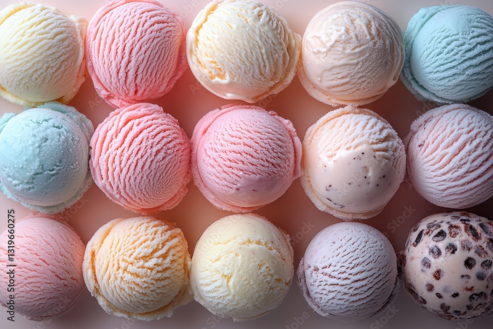 Poster colorful ice cream scoops arranged in a grid pattern featuring various flavors and textures a sweet 