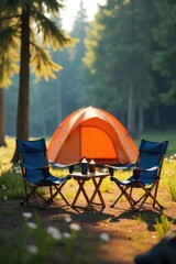 two chairs and a tent in the woods