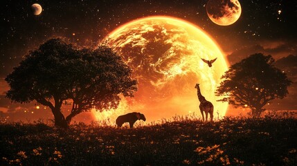 An imaginative depiction of wildlife under a fiery celestial landscape