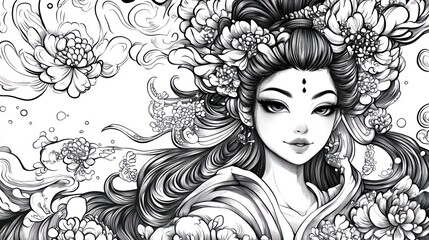 Elegant Geisha in Monochrome: A Masterpiece of Ink and Detail