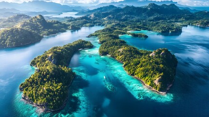 Aerial view of lush green islands surrounded by clear turquoise waters, a serene tropical paradise.