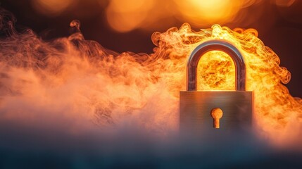 Fototapeta premium Fiery padlock engulfed in smoke, dark background