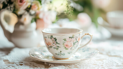 Fototapeta premium Vintage tea set with floral patterns on a lace-covered wedding reception table
