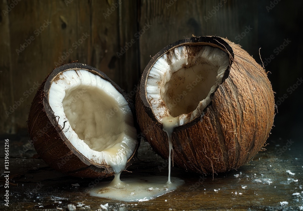 Poster freshly split coconut with liquid and shredded coconut on wooden table in rustic setting