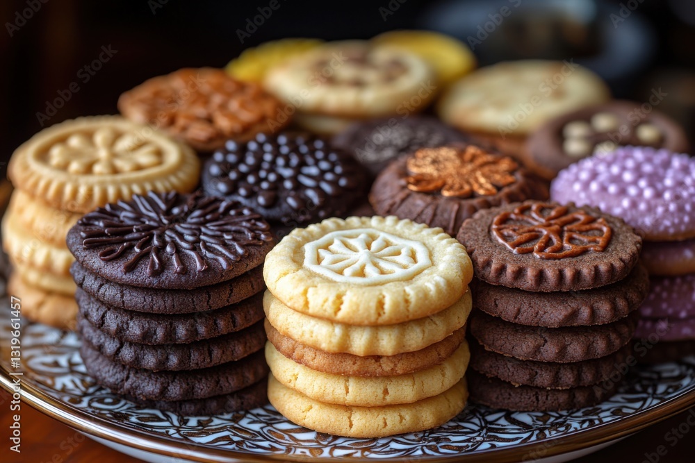 Poster assorted cookies stacked on a decorative plate displaying various flavors and intricate designs for 