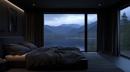 Serene Mountain View From Cozy Bedroom With Rainy Atmosphere at Dusk

