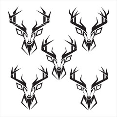 Deer head vector silhouette icon illustration. Set of deer head silhouettes for symbol, icon, and logo design. Deer horns, antlers. Vector graphics. Front view. Flat design style