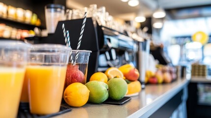 Freshly prepared fruit juices and smoothies displayed on a counter in a vibrant cafe setting