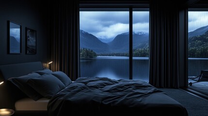 Serene Mountain View From Cozy Bedroom With Rainy Atmosphere at Dusk
