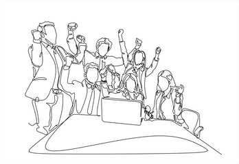 Continuous one line drawing of business people raising hands for celebration in front of laptop, team celebrating after finishing work or project concept, single line art.
