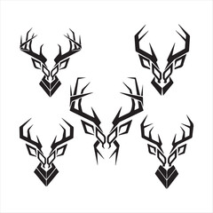 Deer head vector silhouette icon illustration. Set of deer head silhouettes for symbol, icon, and logo design. Deer horns, antlers. Vector graphics. Front view. Flat design style