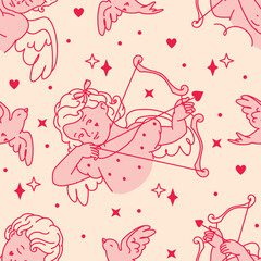 Playful seamless pattern with angels. Flirty cupid with arrows, doves, hearts, and sparkles. Pink and soft cream tones. Girly romantic aesthetic background