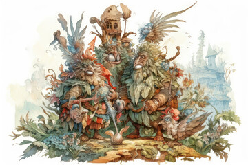 Fototapeta premium a group of fantastical creatures resembling forest guardians or ancient nature spirits. 