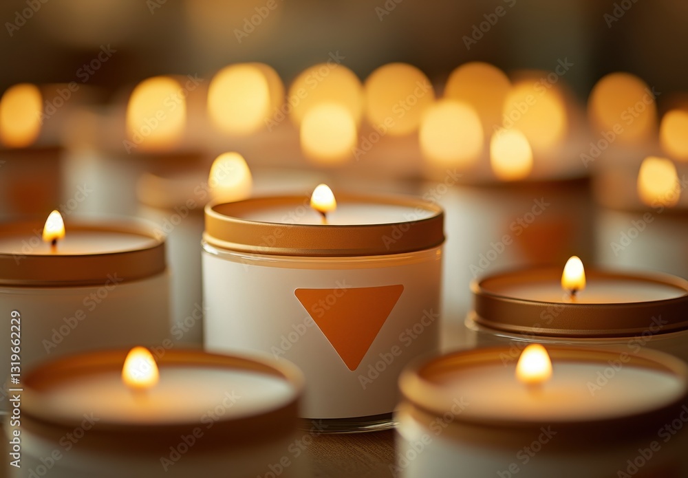 Poster group of lit candles with soft warm glow creating a cozy and inviting atmosphere for relaxation and 